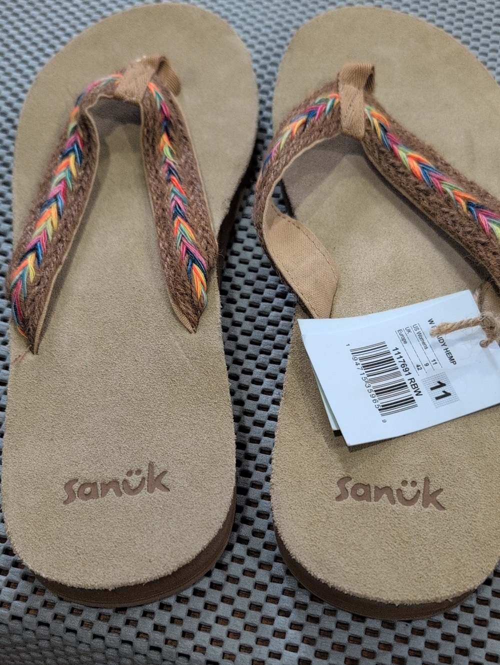 ✨Rare✨ Sanuk Fraidy Hemp Flip Flops Eco Comfort Rainbow Straps, Size 11